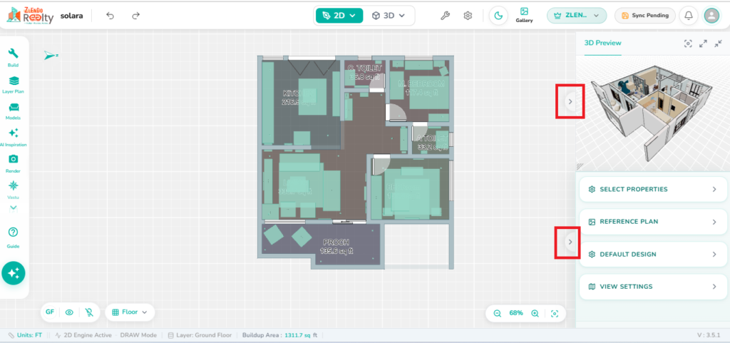 Right-hand side panel in the 2D view of the 2.0 Editor
