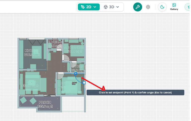 Angle measurement tool showing a angle on the floor plan with a prompt to set the endpoint.