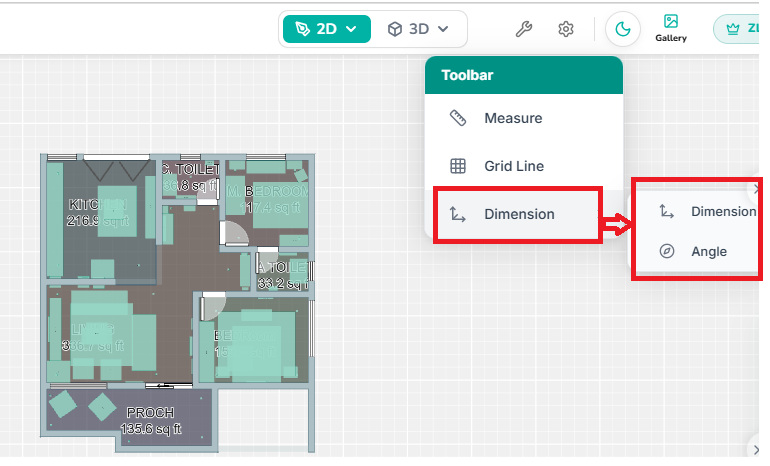 Dimension menu expanded to display Dimension and Angle measurement options in the 2D floor plan editor.