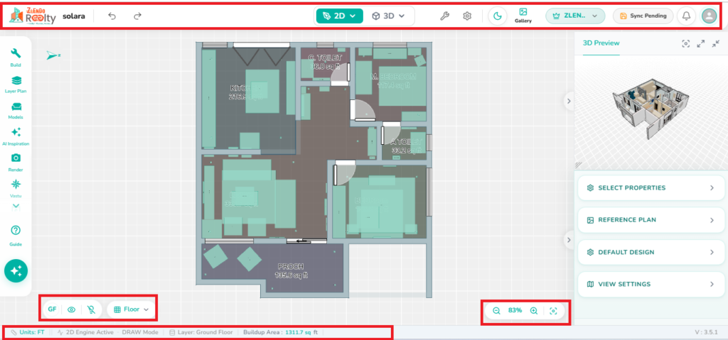 Workspace showing a 2D floor plan, 3D preview, navigation toolbar, floor controls, status bar, and zoom controls.