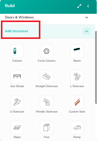 Build menu showing add structures tools in 2D Draw Mode