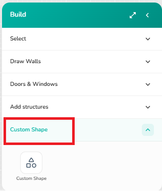 Custom Shape tool in the Build panel used to create and edit custom-shaped structures and design elements within the floor plan.