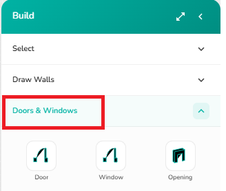 Build menu showing doors and windows tools in 2D Draw Mode