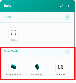 Build menu showing the draw walls tool in 2D Draw Mode