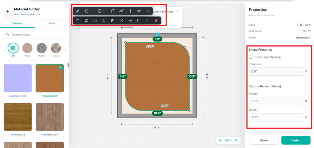 Custom ceiling shape with applied texture, editing handles, draw and modify tools, and shape properties displayed in the Ceiling Material Editor.
