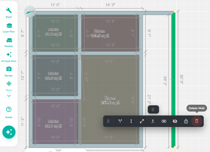 Selected wall with the Delete Wall option highlighted in the wall editing toolbar, indicating the selected wall segment can be permanently removed from the floor plan.