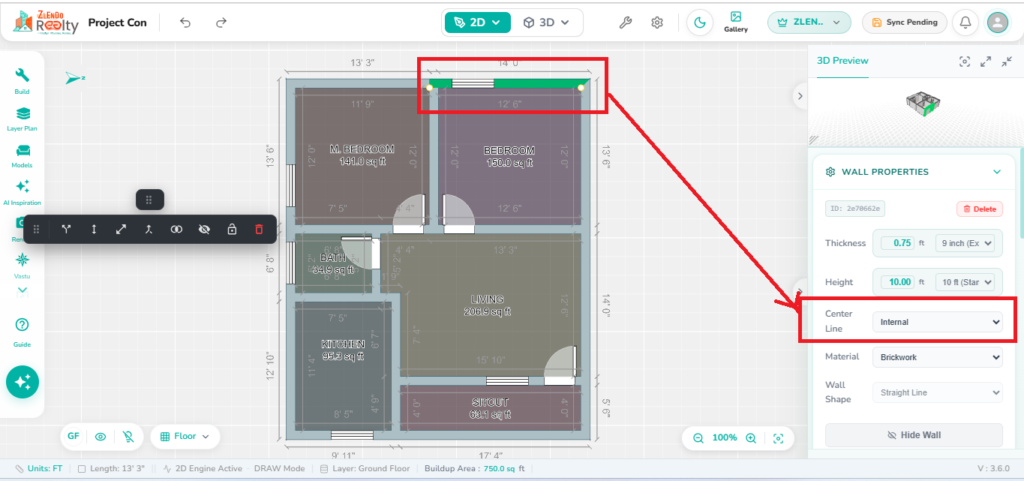 Wall properties panel showing internal wall settings in the 2.0 Editor