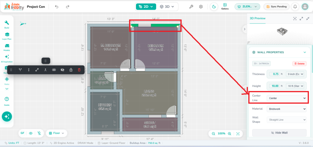 Wall properties panel showing centre wall settings in the 2.0 Editor