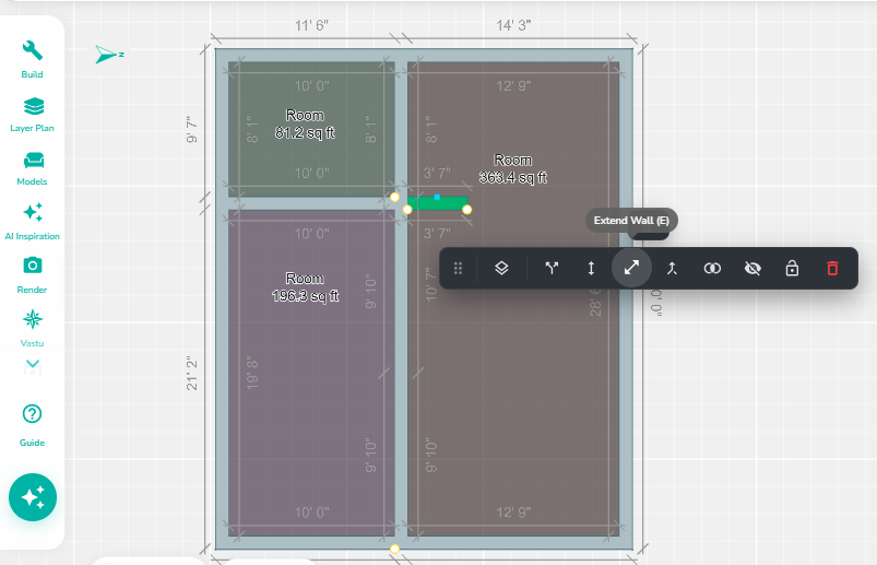Selected wall with the Extend Wall tool activated, showing extension handles and the wall editing toolbar for extending the wall to a new endpoint.