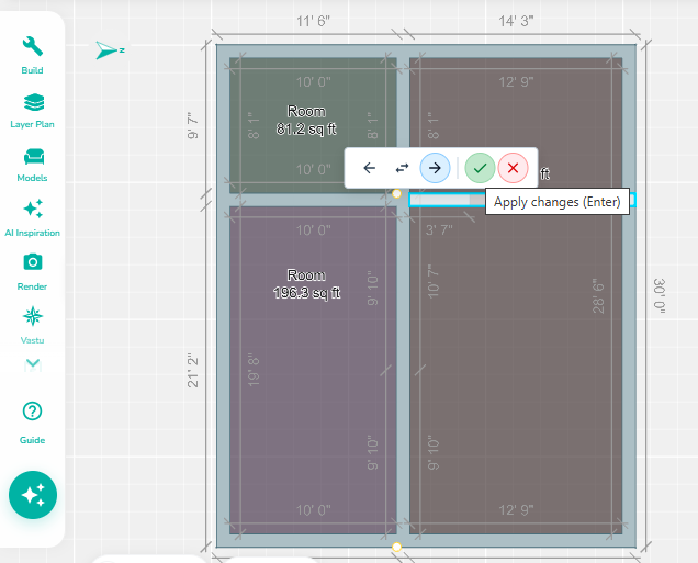 Wall extension preview with action controls displayed, allowing the user to apply or cancel changes before extending the wall segment.