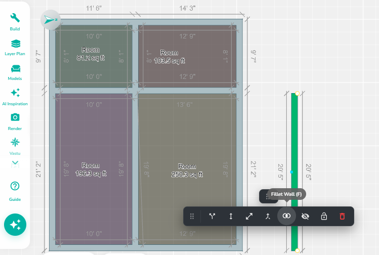Selected wall with the Fillet Wall tool activated, displaying the wall editing toolbar and preparing to create a corner connection between two wall segments.