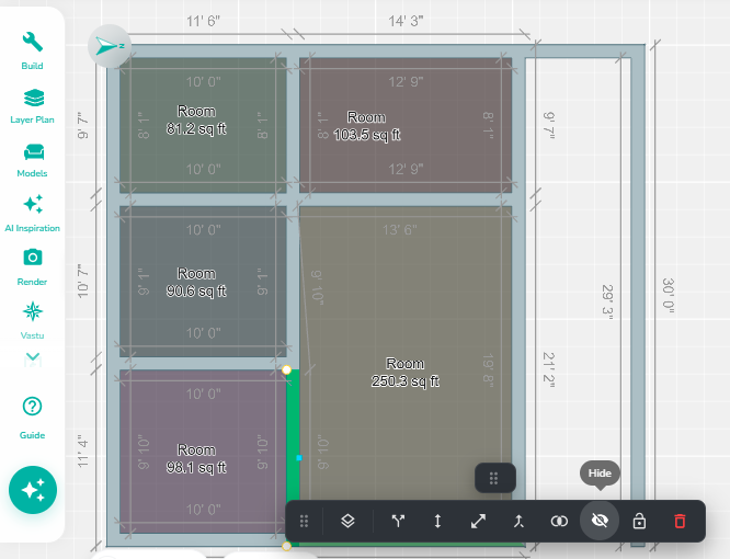 Selected wall with the Hide Wall option activated, displaying the wall editing toolbar and highlighting the wall segment to be temporarily hidden from the floor plan.