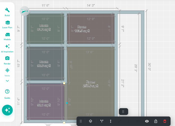 Floor plan after applying Hide Wall, with the selected wall segment hidden from view while the remaining layout remains visible.