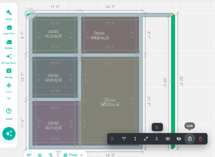 Selected wall with the Lock Wall option activated, displaying the wall editing toolbar and highlighting the wall segment to prevent accidental modifications or movement.