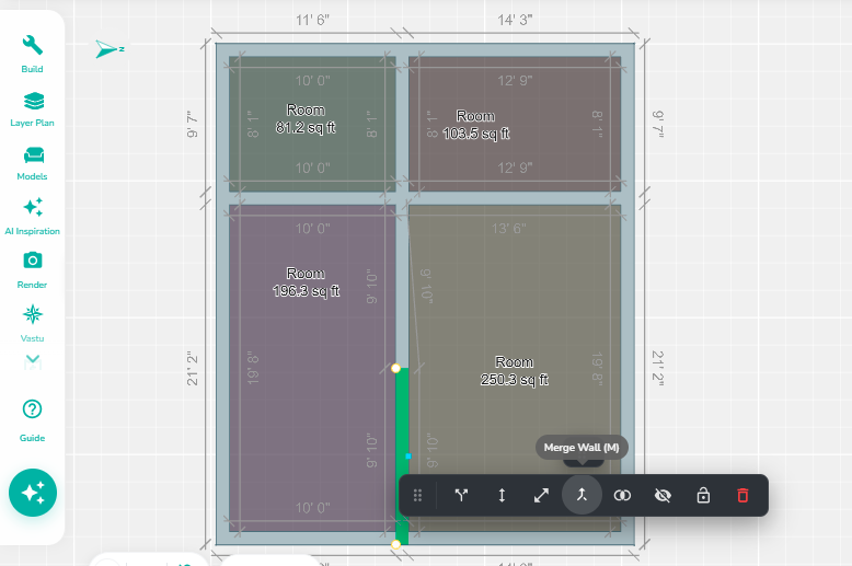 Selected wall with the Merge Wall tool activated, showing the wall editing toolbar and highlighting the wall segment to be combined with another wall.