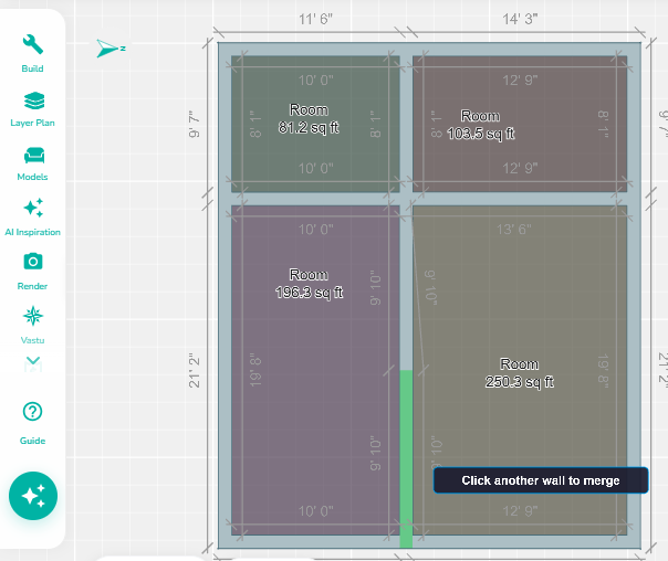 Merge Wall operation in progress, prompting the user to select another wall segment to combine into a single continuous wall.