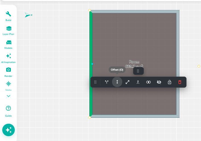 Selected wall with the Offset tool activated, displaying the wall editing toolbar and preparing to create a parallel wall at a specified distance.