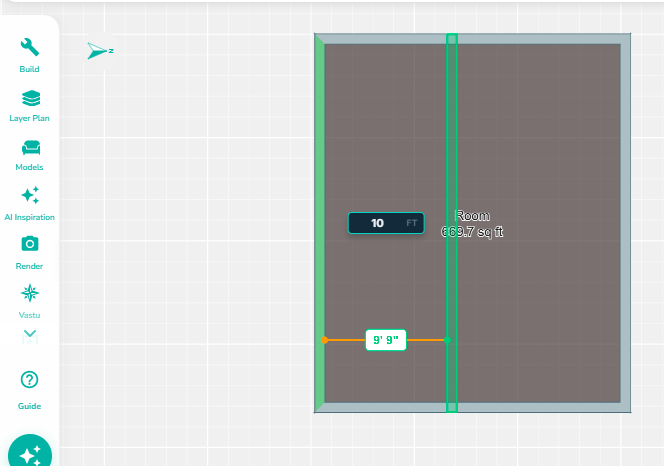 Offset operation in progress showing a new parallel wall positioned 10 ft from the selected wall, with distance measurements displayed for accurate placement.