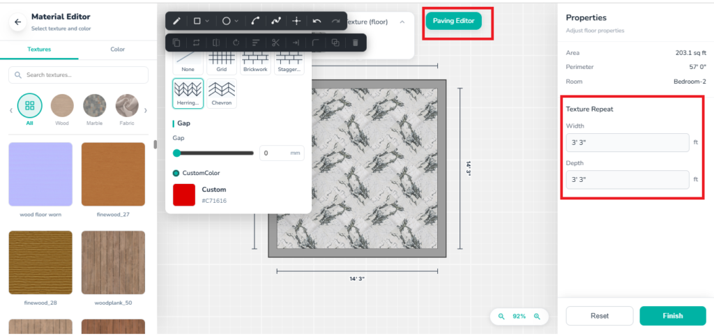 Paving Editor displayed for a floor shape, showing paving pattern options, gap settings, and texture repeat controls.
