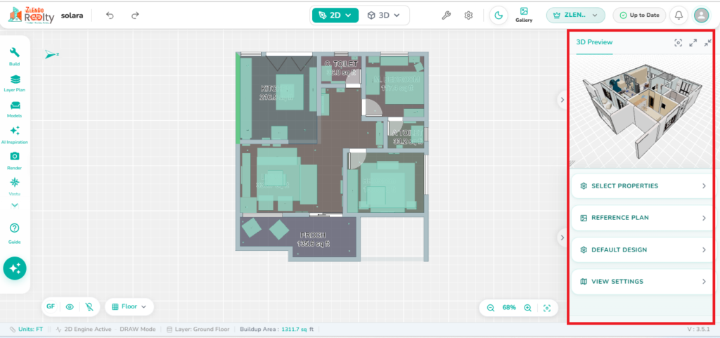 3D floor plan design interfaceRight-side properties panel in the 2.0 Editor