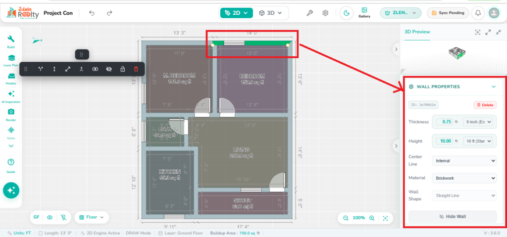 Wall properties panel in the 2.0 Editor