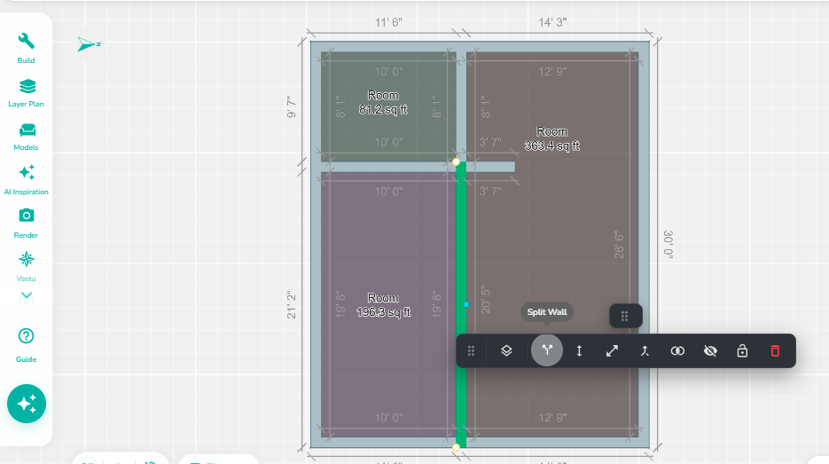 Selected wall with the Split Wall tool activated, showing the wall editing toolbar and a split point marker for dividing the wall into separate segments.