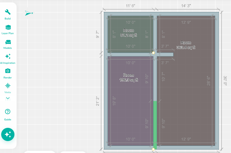 Wall divided into multiple segments after applying the Split Wall tool, creating separate wall sections for independent editing.