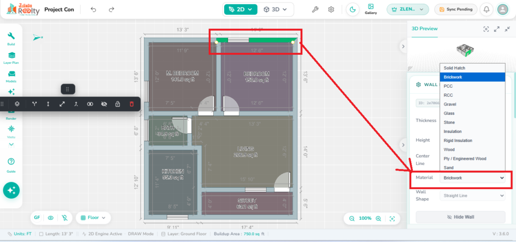Wall material selection panel in the 2.0 Editor