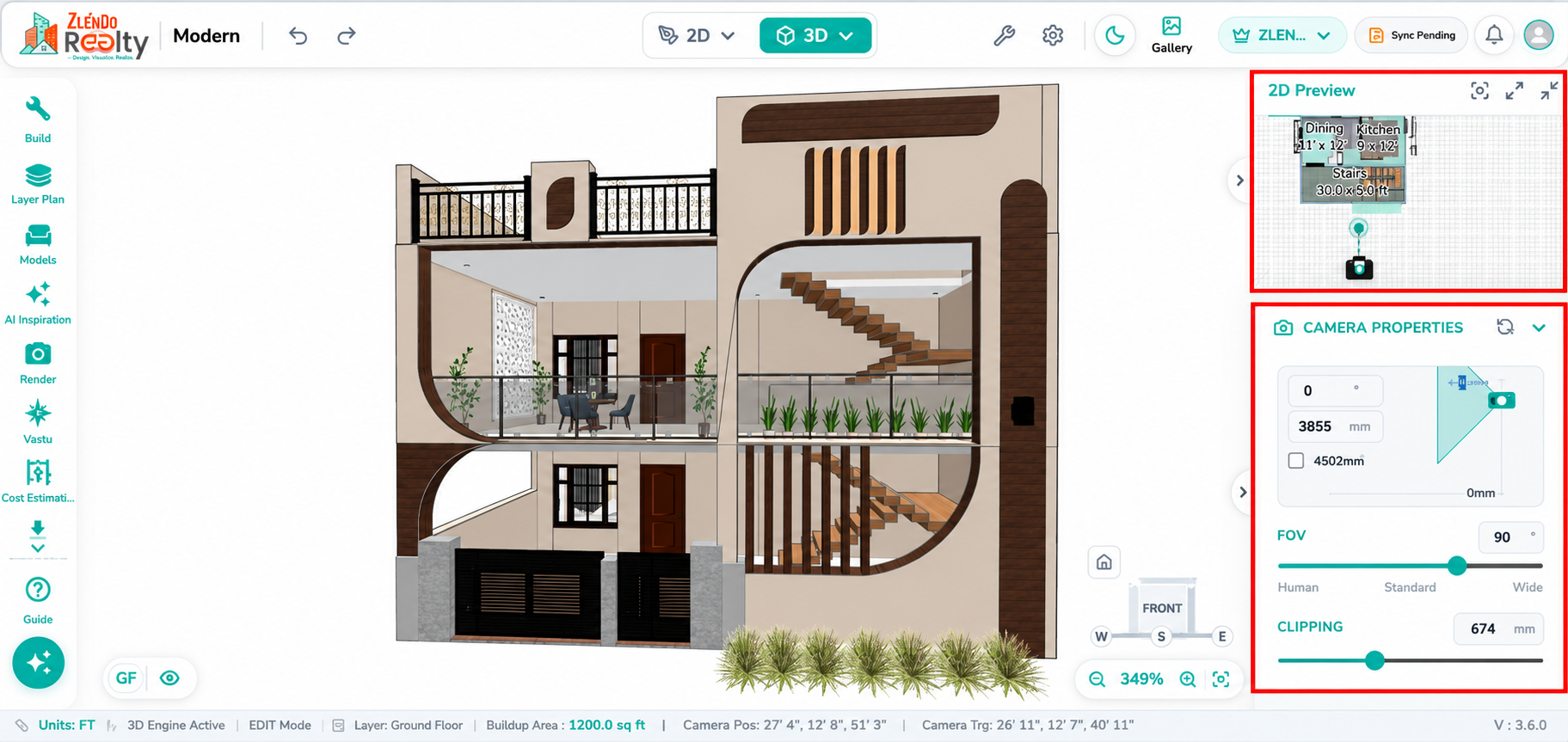 2D Preview panel showing camera positioning controls, Fit to View, Full Screen, and Collapse options, along with Camera Properties for adjusting camera height, field of view, clipping distance, and resetting camera settings.