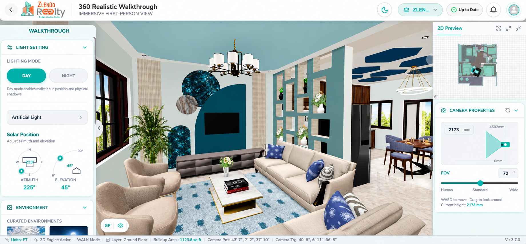360° Realistic Walkthrough interface showing an immersive first-person home tour with Light Settings, Environment Settings, and Camera Properties panels. The interface includes a 2D Preview map for navigation and controls for adjusting lighting, environment, and camera settings while exploring the design.