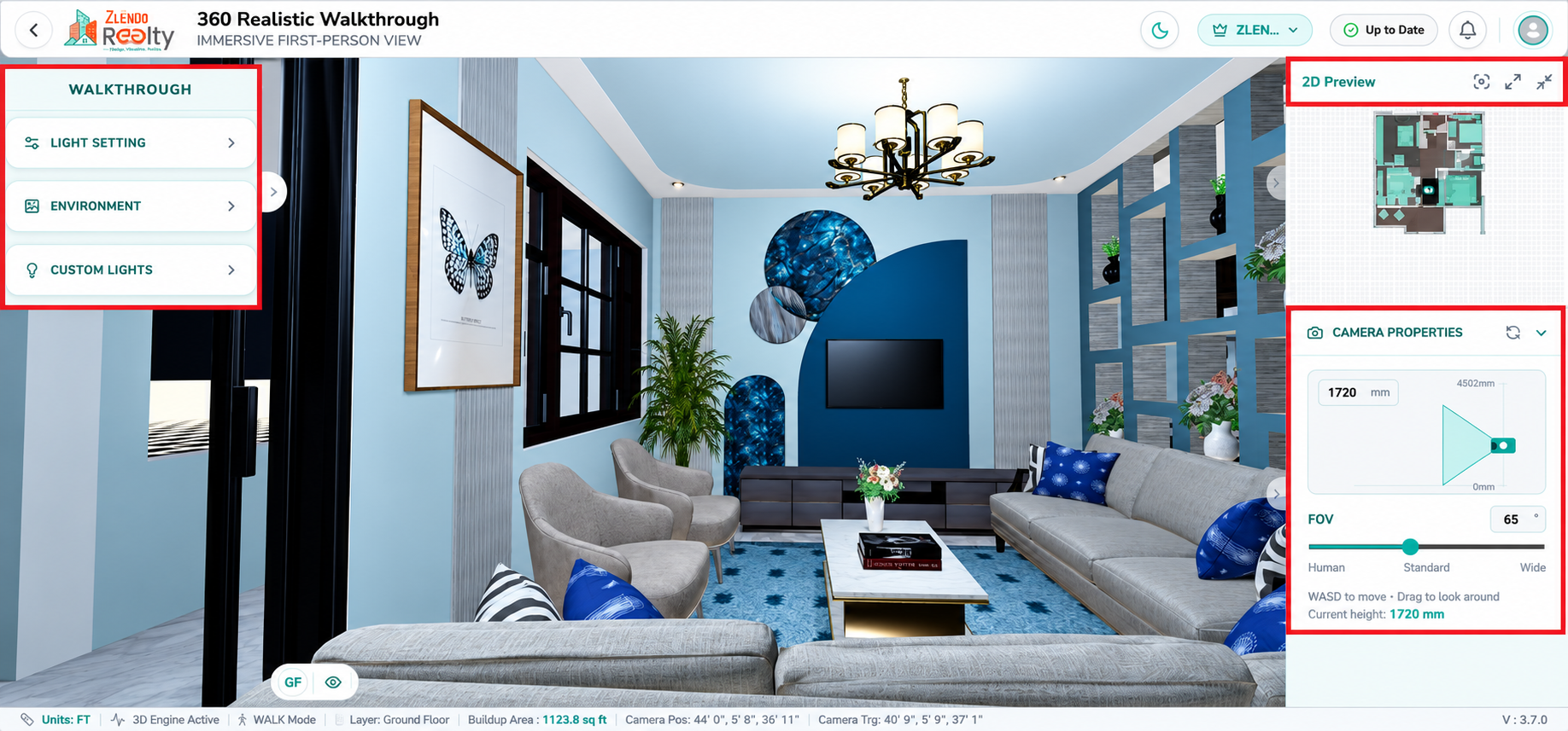 Light Settings panel in 360° Realistic Walkthrough mode showing Day and Night lighting modes, Solar Position controls, Artificial Light settings, and Smart Light Controls for adjusting room lighting intensity and color temperature.