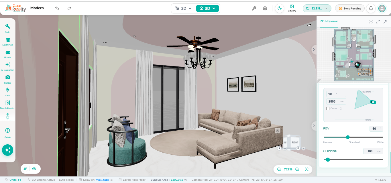Interactive 3D interior room view displaying furniture, wall finishes, flooring, ceiling design, lighting fixtures, doors, windows, curtains, and decorative elements within the building model