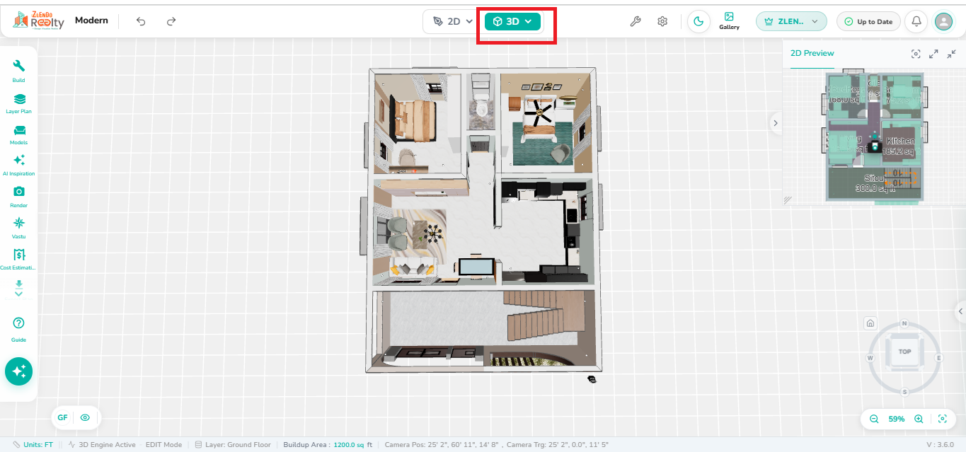 Top toolbar highlighting the 3D mode button used to switch from 2D floor plan view to an interactive 3D building visualization.