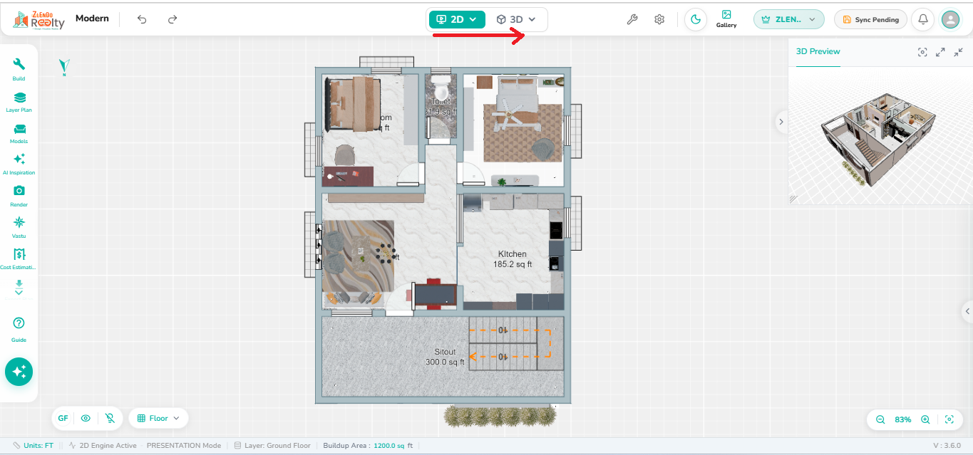 Top toolbar highlighting the 2D mode button used to switch from 3D visualization