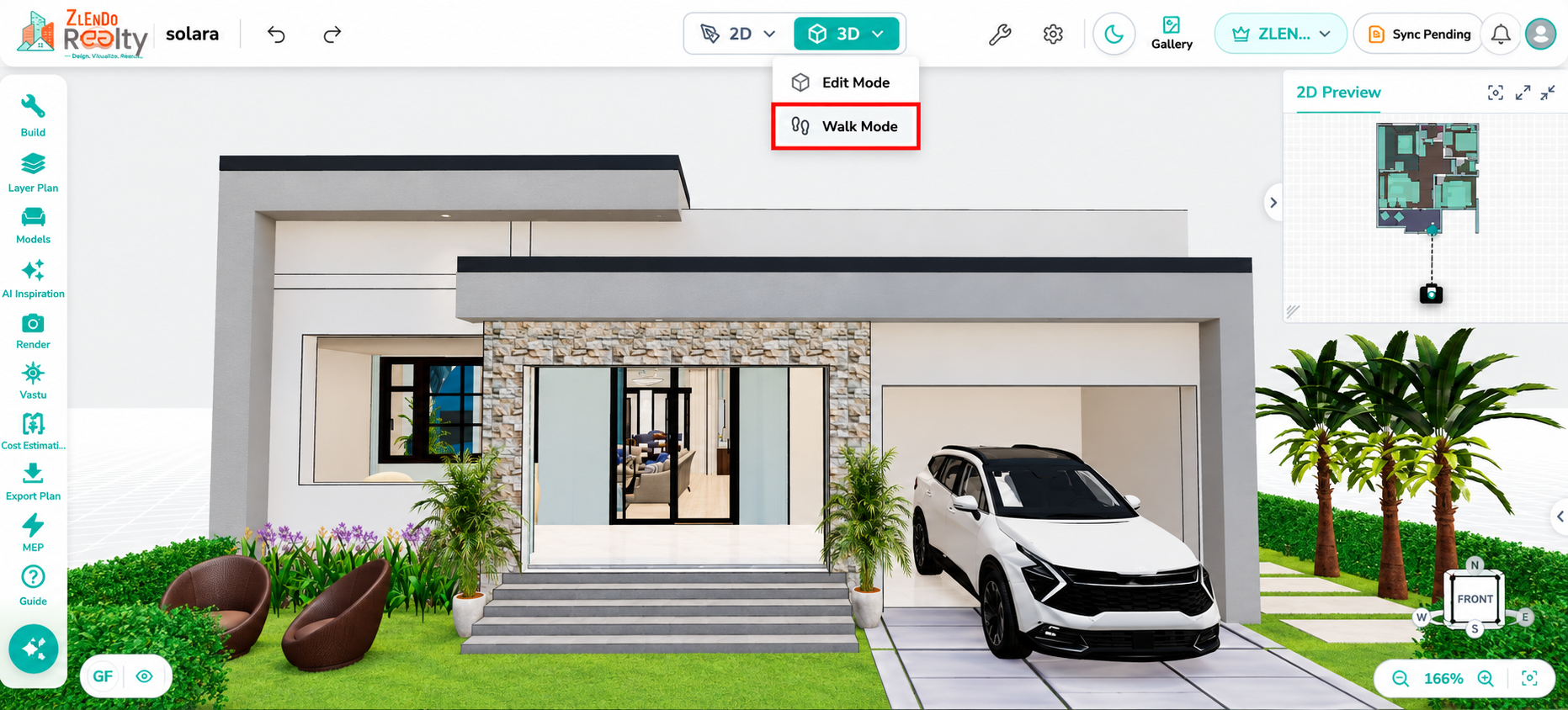 3D view mode menu showing the Walk Mode option selected from the 3D dropdown, enabling users to navigate through the home interior and exterior in a first-person walkthrough experience.