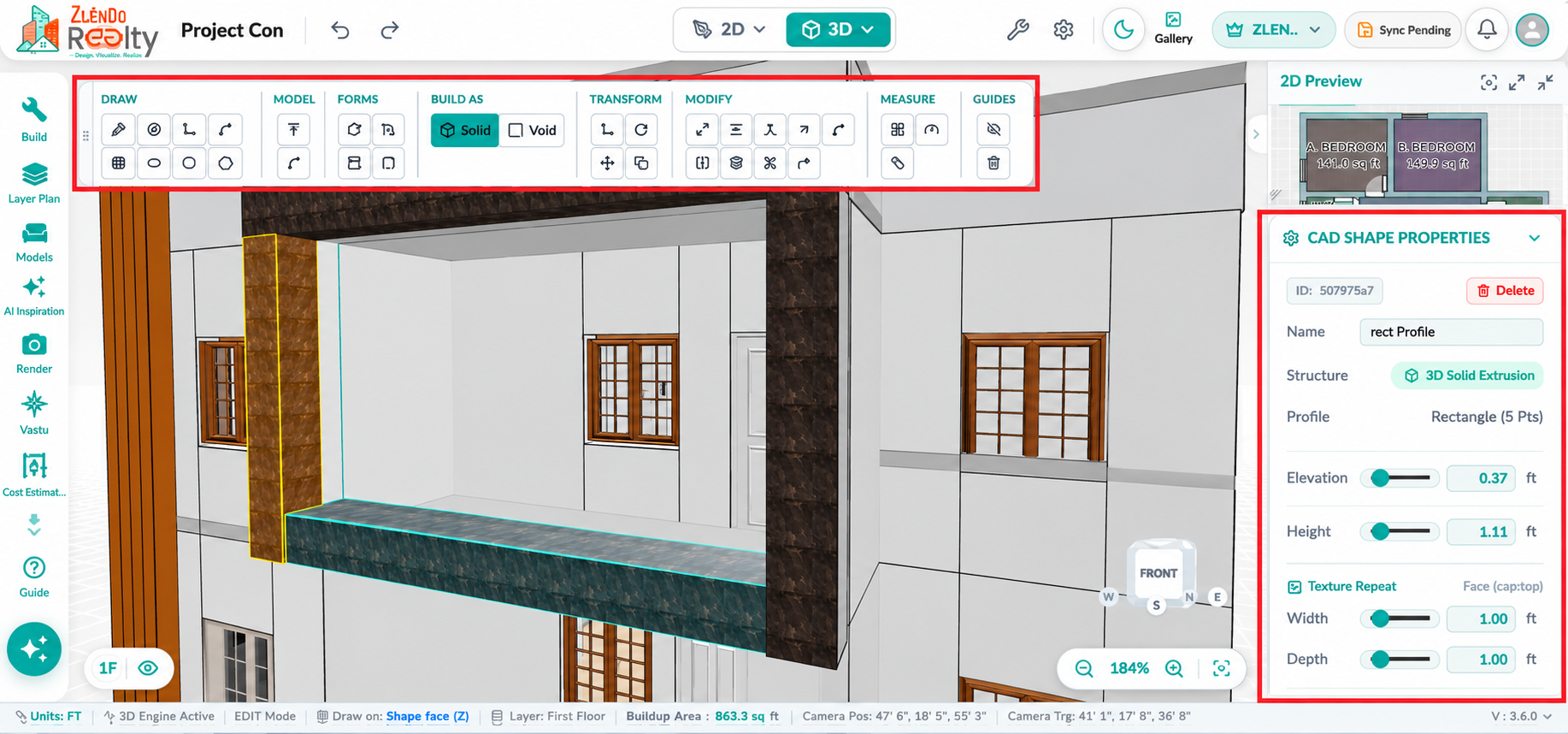3D elevation editing workspace displaying the CAD Toolbar with Draw, Model, Forms, Build As, Transform, Modify, Measure, and Guides tools, alongside the CAD Shape Properties panel for editing object dimensions and structure.