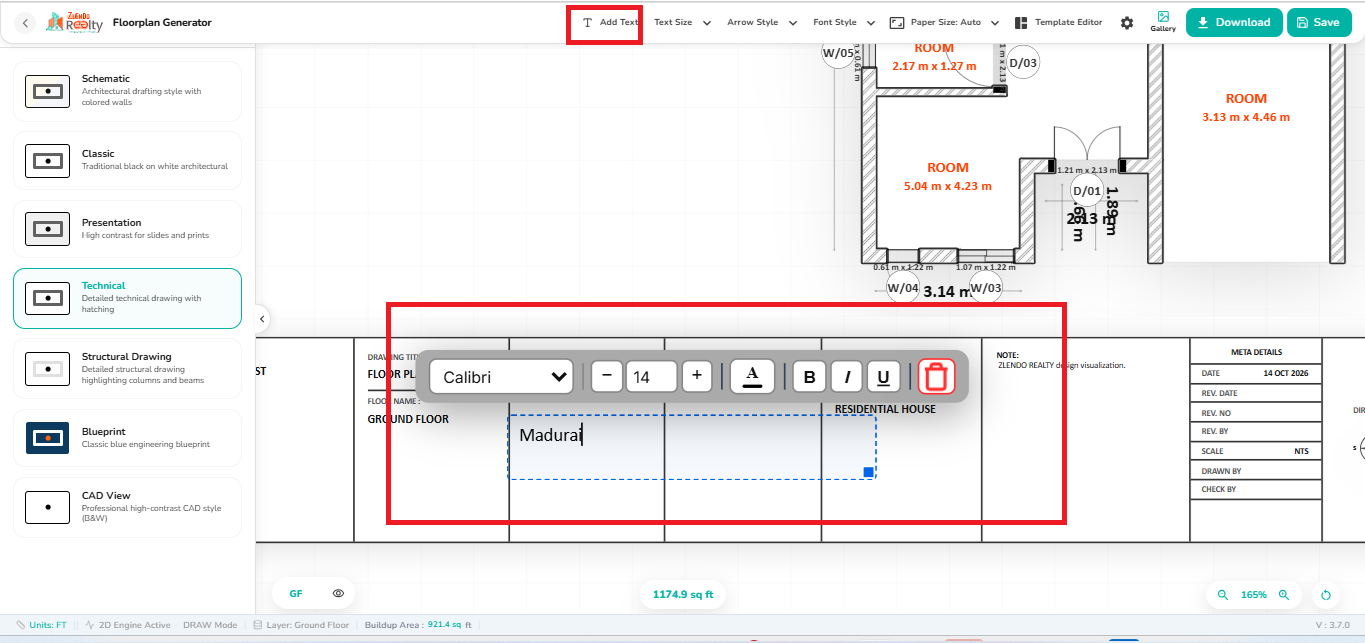 Add Text tool activated in the 2D Export workspace, displaying a text editing toolbar with font, size, formatting options, and a custom text annotation placed within the drawing title block.