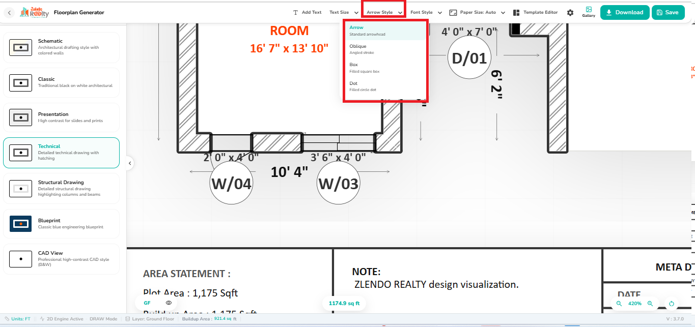 Arrow Style dropdown menu in the 2D Export workspace showing options for Arrow, Oblique, Box, and Dot dimension arrowheads.