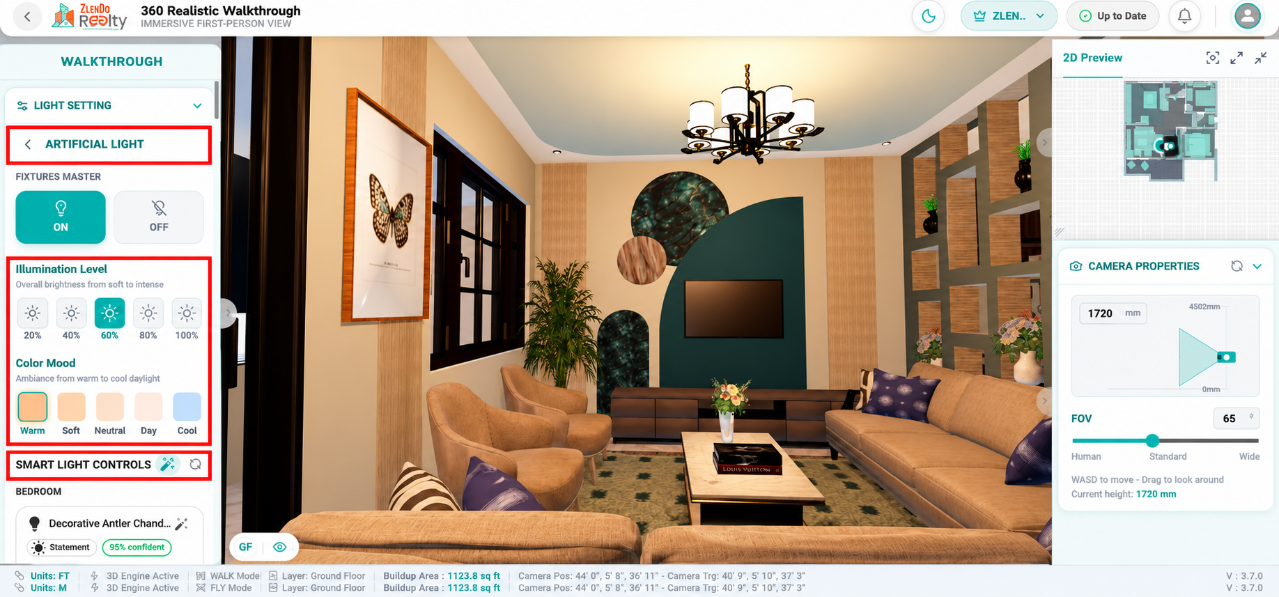 Artificial Light settings panel in 360° Realistic Walkthrough mode showing fixture master ON/OFF controls, illumination level adjustment, color mood presets, and Smart Light Controls for configuring individual room lights, including light intensity and color temperature settings. The walkthrough view updates in real time to reflect lighting changes.