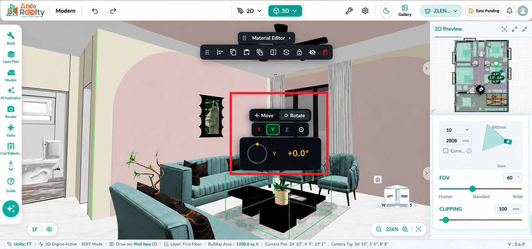 Selected furniture asset in 3D mode with Rotate controls showing X, Y, and Z axis rotation options for adjusting asset orientation.
