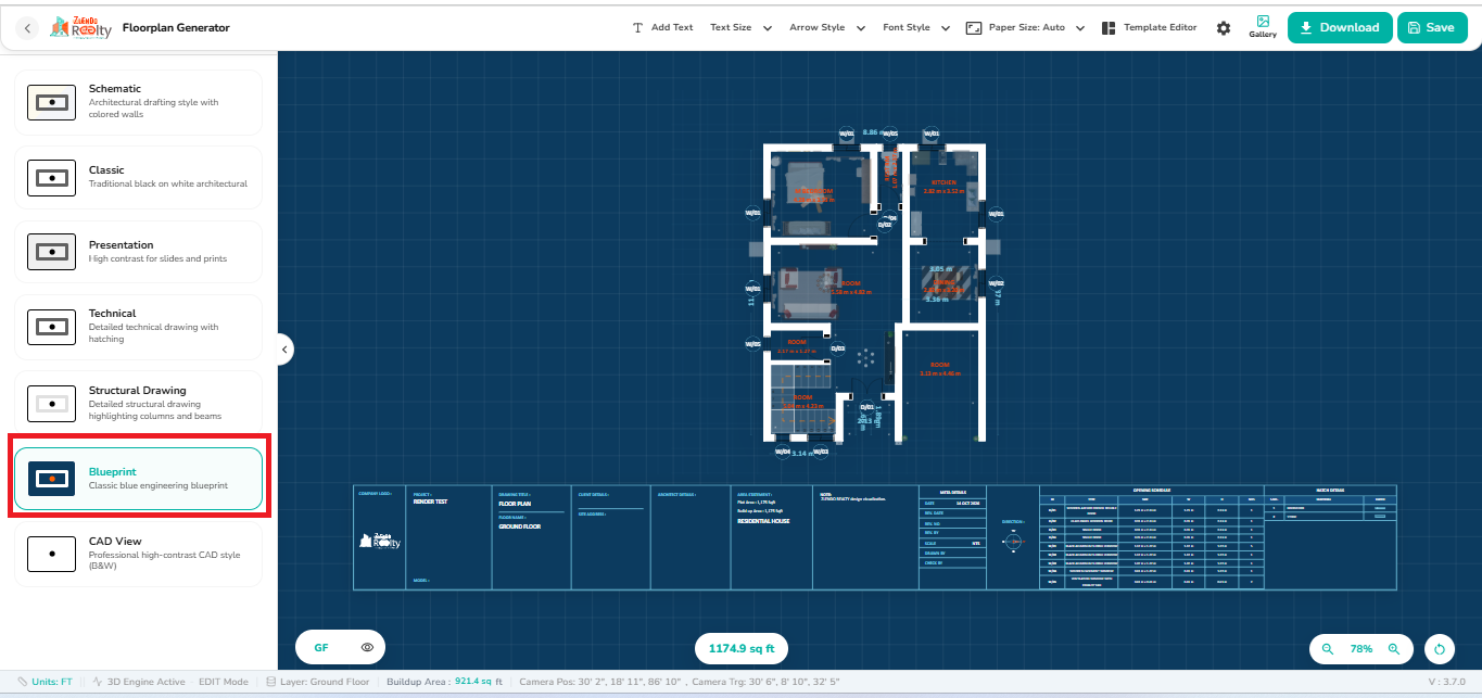 Blueprint view selected in the 2D Export workspace, displaying a floor plan on a blue grid background with architectural annotations, dimensions, title block, and opening schedules.