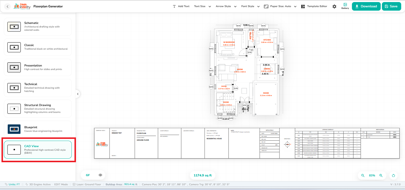CAD View selected in the 2D Export workspace, displaying a monochrome CAD-style floor plan with room labels, dimensions, architectural annotations, and a detailed title block.