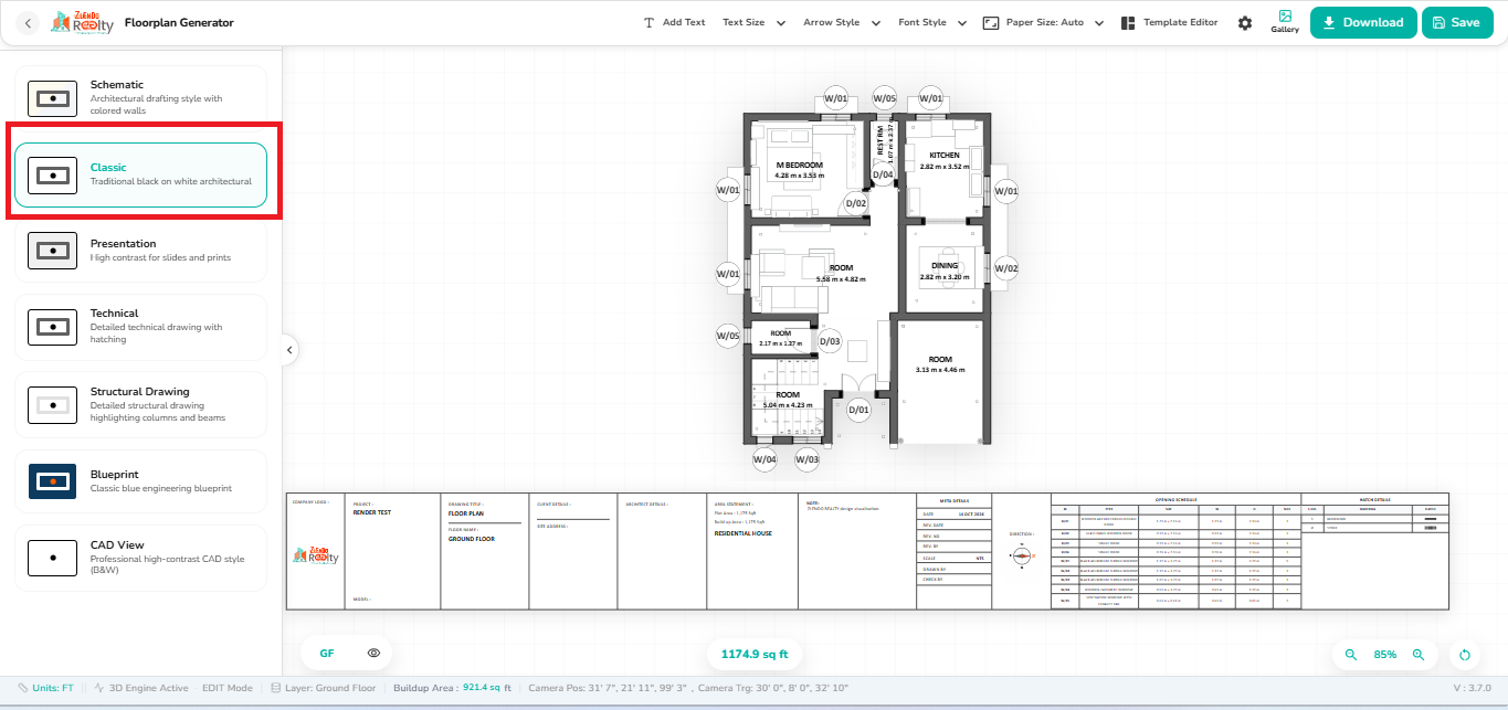 Classic drawing style selected in the 2D Export workspace, displaying a traditional black-and-white architectural floor plan with room labels, dimensions, furniture outlines, and a title block.