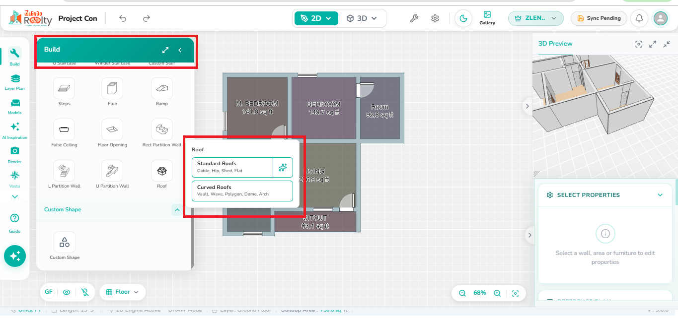 Roof creation menu displaying Standard Roofs and Curved Roofs options from Build Tool, allowing users to generate roof structures based on the building layout.