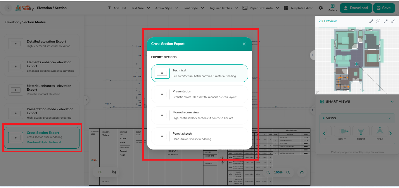Cross Section Export options dialog displaying four rendering styles: Technical, Presentation, Monochrome View, and Pencil Sketch for generating section drawings with different visual representations.