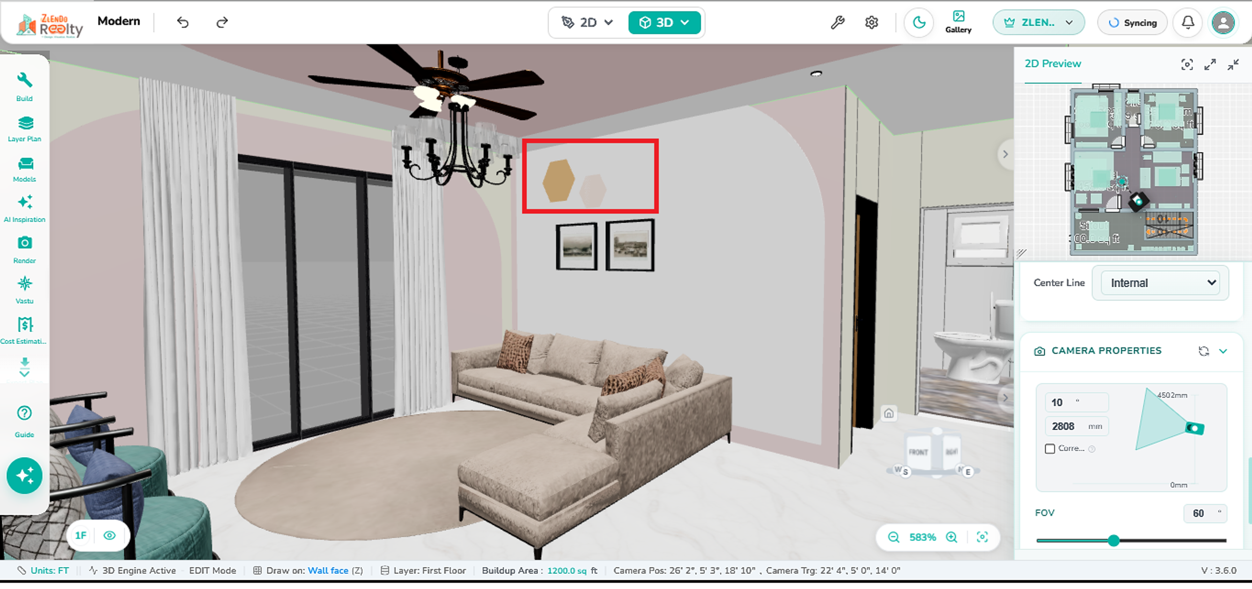 3D interior view displaying a wall with custom decorative shapes created in the Wall Editor, showing real-time updates applied directly to the wall surface.