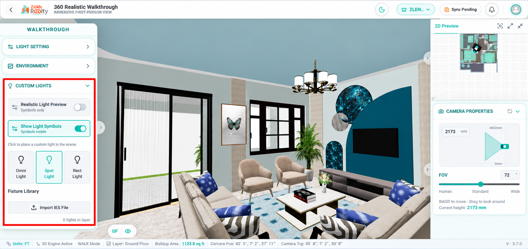 Custom Lights panel in 360° Realistic Walkthrough mode showing options for Realistic Light Preview, Light Symbol visibility, custom light placement tools including Omni Light, Spot Light, and Rectangular Light, along with an IES fixture library import option for creating and managing custom lighting within the scene.