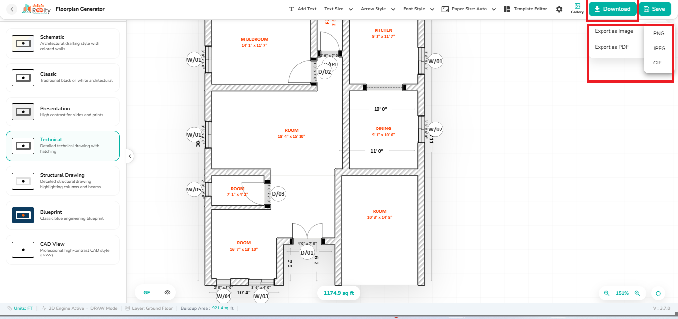 Download menu in the 2D Export workspace displaying export options for Image formats (PNG, JPEG, GIF) and PDF.