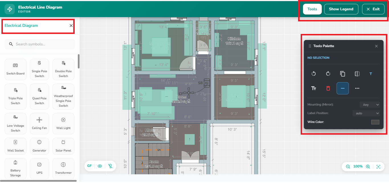 Electrical Line Diagram Editor displaying the electrical symbol library, floor plan with placed components and wire connections, Tools, Show Legend and Exit controls, and a Tools Palette with orientation, label position, and wire color settings.