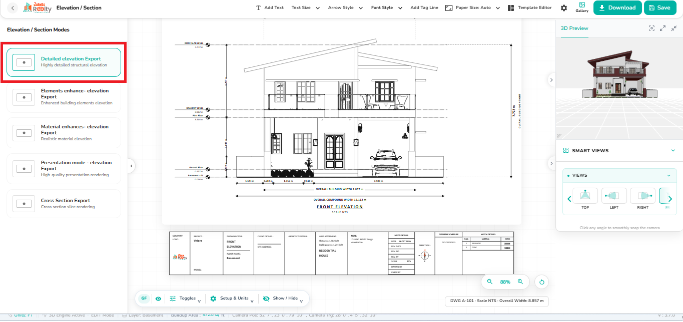 Front elevation drawing showing doors, windows, balconies, columns, and railings, with Detailed Elevation Export selected in the attached example.